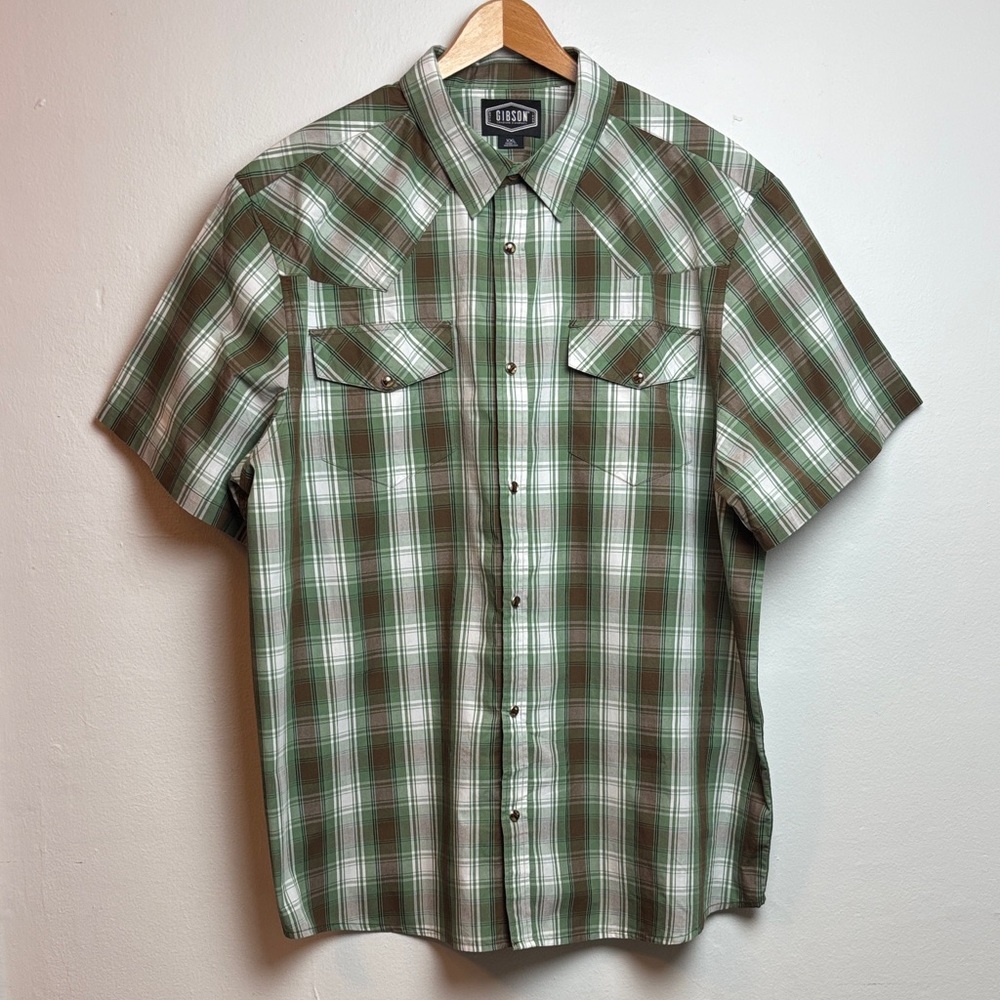Gibson Trading Co Short Sleeved‎ Western Men’s Shirt Green Brown Plaid Snap XXL